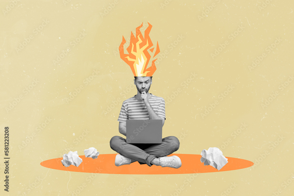 Aufkleber Creative drawing 3d sketch collage image picture of minded man netbook user worker sitting solving hard task isolated on painted background