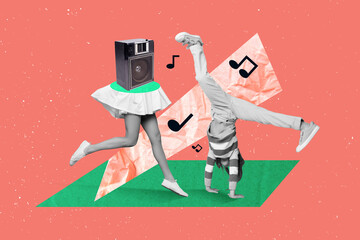Creative collage portrait of black white colors person breakdance boombox girl legs isolated on...