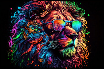 Neon lion in sunglasses. Ai generative