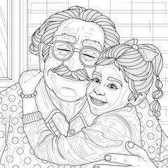 Granddaughter hugs grandfather.Coloring book antistress for children and adults. Illustration isolated on white background.Zen-tangle style. Hand draw