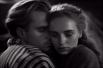 Two young adults embrace, black and white portrait ,generative AI