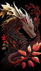 Colorful and beautiful dragon with flowers, paper cut, art, digital