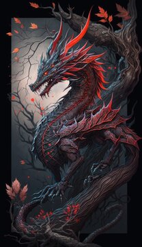 chinese terrible red dragon on fantasy forest 