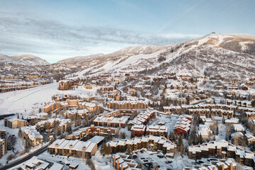 Panorama view of Steamboat Springs, Colorado mountain skiing and snowboarding resort town with Mt....
