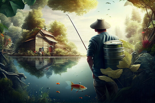 Nature outdoors men fishing fish water autumn forest ,generative AI