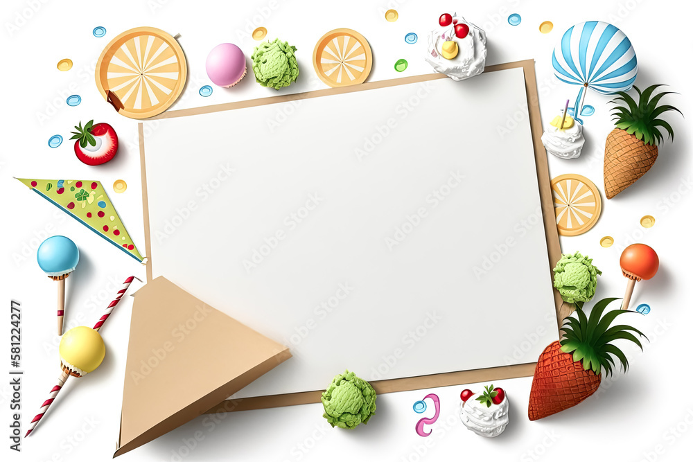 Poster a colorful array of summer party items, such as beach balls, flags and kites, are arranged along the
