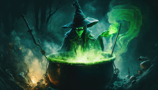 A witch cloaked in darkness stirring a glowing green potion in a towering cauldron. Fantasy art. AI generation.