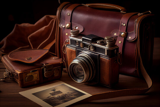 Antique camera and equipment on leather suitcase ,generative AI