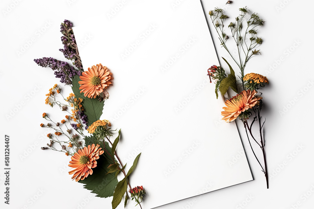 Poster a softly swaying summer flowers adorn the edges of a plain white background - generative ai.