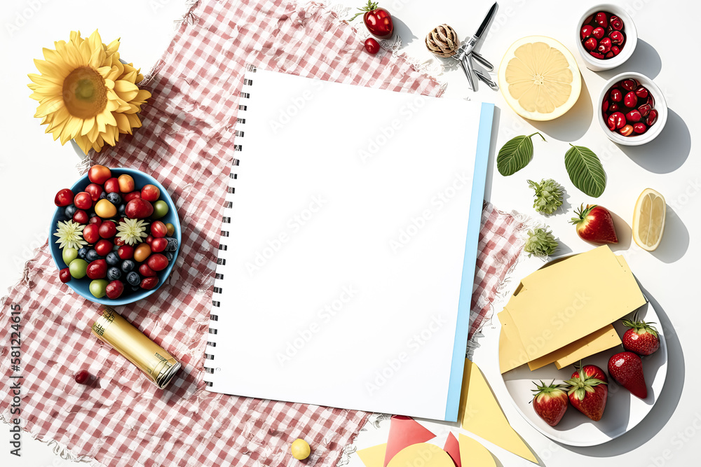 Poster a picnic in summer featuring items on the edge of a plain white background was created by generative