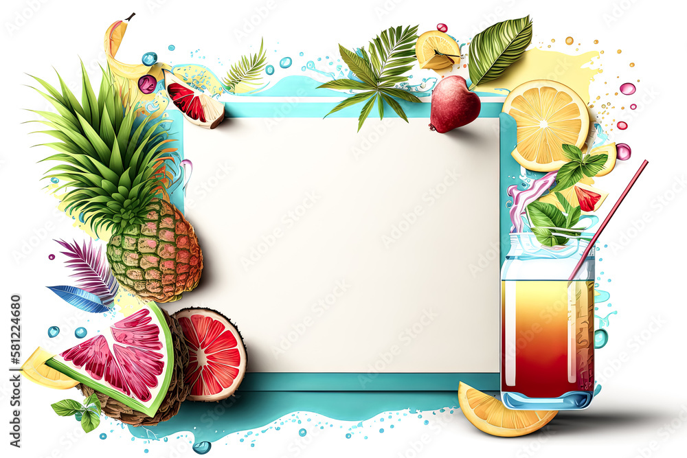 Poster cool refreshing summer drinks were found placed on the edges of a plain white table - generative ai.