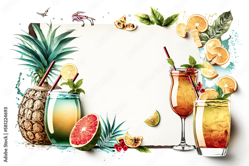 Poster tropical drinks rested along the edges of a white plain, inviting those in search of refreshment - g