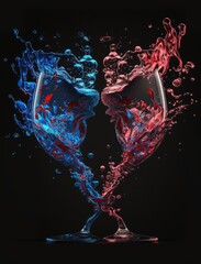 Splash of wine in the glass and the love of two wine glasses for each other