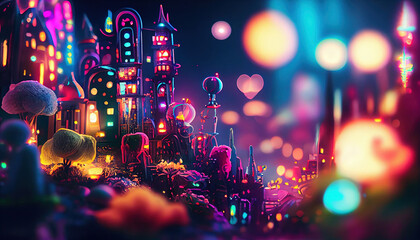 Obraz na płótnie Canvas Vibrant and Nostalgic whimsical fairy cityscape with detailed neon lights and reflections, flowers, and technology gadgets, a full shot of a towering skyscraper in the center - Generative AI