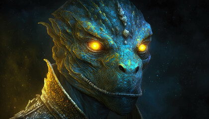 A reptilian figure with glowing yellow eyes. Fantasy art. AI generation.