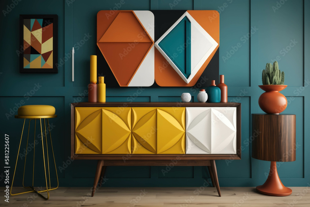 Aufkleber rich wood tones bold pops of color and designs in angular shapes harmonize to create a distinct midc