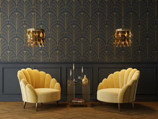 Art Deco interior in classic style with yellow armchairs and lamp.3d rendering. © manow