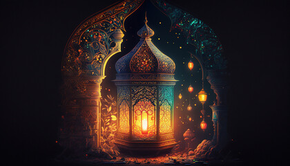 Ramadan Nights: The Warm Glow of Mosque Lanterns and Lights generative ai
