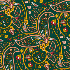 Turkish floral seamless pattern. Paisley folck vector background using boteh or buta. Fantasy decorative repeating tiles with tropical flowers and leaves. Festivale style.