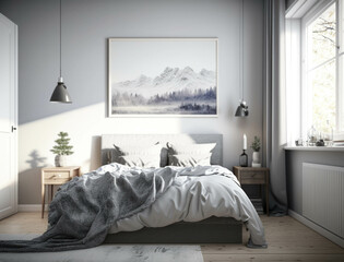 A cozy bedroom with a white and grey color scheme that creates a calm and peaceful atmosphere. Lifestyle concept. AI generation.