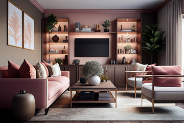 Modern family room pastel brown and pink design.