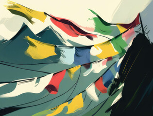 A colorful array of prayer flags wave in the wind messages of peace carried on the breeze. AI generation.