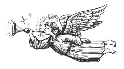 Christmas Angel flying and trumpet on pipe. Religious holiday. Hand drawn illustration in vintage engraving style