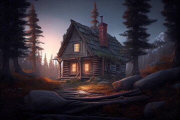 Old cabin in the woods. Generative AI