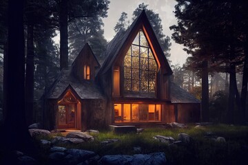 Modern house in the woods. Generative AI