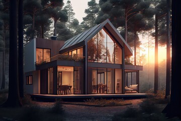 Modern house in the woods. Generative AI