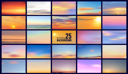 Big set of 25 horizontal wide blurred nature sea sunset backgrounds. Collection of colors of sky in early morning. Template orange and blue sunset sky, copy space background. Vector sky clouds