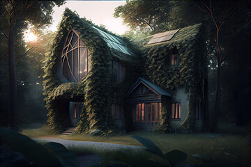 Modern house in the woods. Generative AI