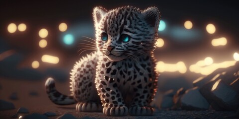 Fototapeta premium Kitten Bengal, 3d render, cute design, toy model in gold and beige colors. Generative AI.