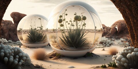 Project of a capsule house in the desert, ecological structures made of glass and white streamlined material. Generative AI.