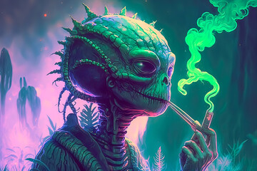Green alien smoking weed joint. Funny space character illustration. Generative AI - obrazy, fototapety, plakaty