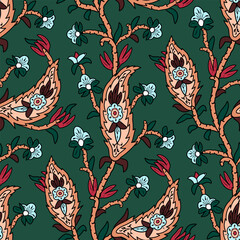 Tribal seamless floral pattern. Chain of flowers and leaves.Texture Indian motifs on a green background. Template for textile, paper, wallpaper.