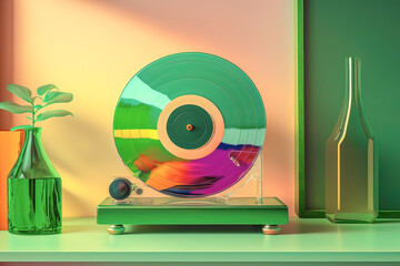 Glass record player with a green record in a beige color room. Generative AI. Vintage high glass record player