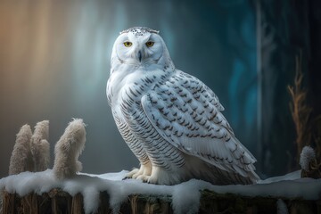 Snowy Owl, Bubo Scandiacus with piercing yellow eyes. AI Generation