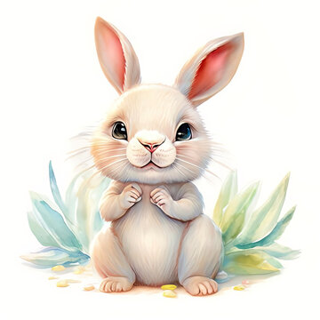 Watercolor Children Book Illustrations, Cute bunny with clinched fists full body sitting against white background, created with Generative AI technology 