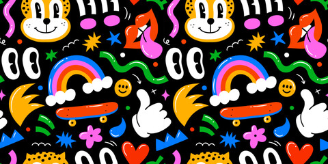 Colorful retro cartoon doodle seamless pattern illustration. Vintage style happy face sticker background. Funny psychedelic character drawing wallpaper print, 90s graphic art texture.