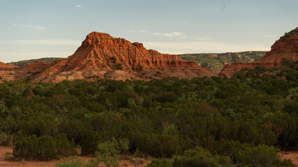 Panoramic view of backcountry in Caprock Canyons State Park in west Texas landscape during golden hour sunset