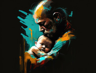 A father cradling his newborn baby in his hands. AI generation.