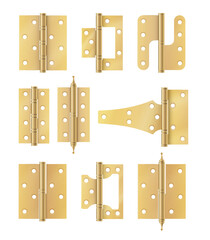 Golden door hinges construction hardware. Realistic set of gold tools for joint gates and windows.metal hinges for house and furniture. vector
