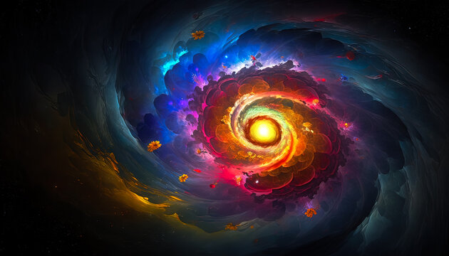 Andromeda galaxy as a blooming flower in a colorful whirlpool of rainbow energy. Mysterious and frightening concept. Generative AI