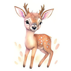 Watercolor Children Book Illustrations, Cute deer standing with white background, created with Generative AI technology 