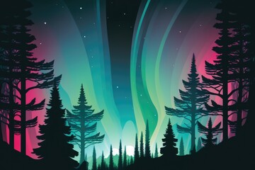 Landscape illustration with aurora borealis, made with generated ai