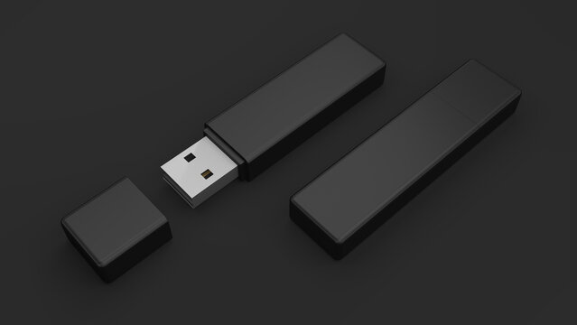 USB flash drive isolated on black background. Data storage device. Pen drive. Pendrive. 3d illustration.