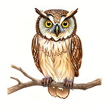 Watercolor Children Book Illustrations, Cute Owl sitting on branch with white background, created with Generative AI technology 