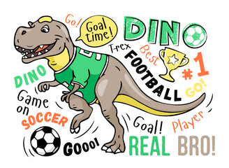 Art. Football print. Cute dinosaur plays soccer on a white background. Design for kids poster, T-shirt, prints, nursery closing, fabrics. Vector illustration. T-rex