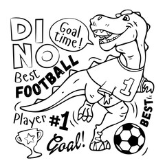 Coloring. Cute dinosaur plays soccer. Design for kids poster, T-shirt, prints, nursery closing, fabrics. Vector illustration. T-rex dinosaur. Football